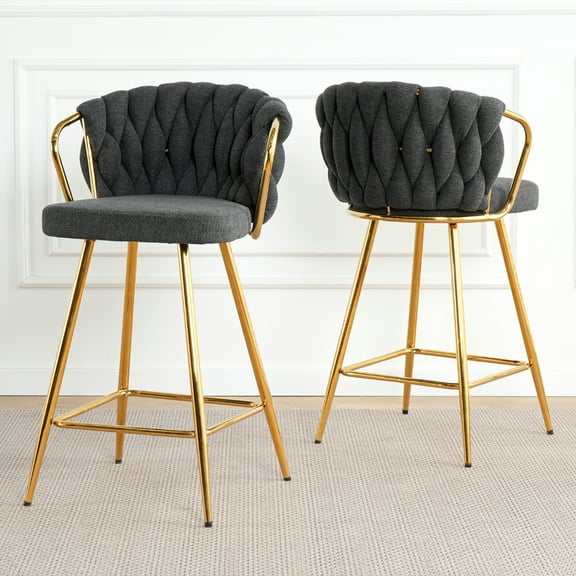 Bar Stools Set of 2,Counter Height Barstools with Woven Back and Footrest Gold Plated Legs,Modern Upholstered Kitchen Island Chairs for Cafe Bar Restaurant