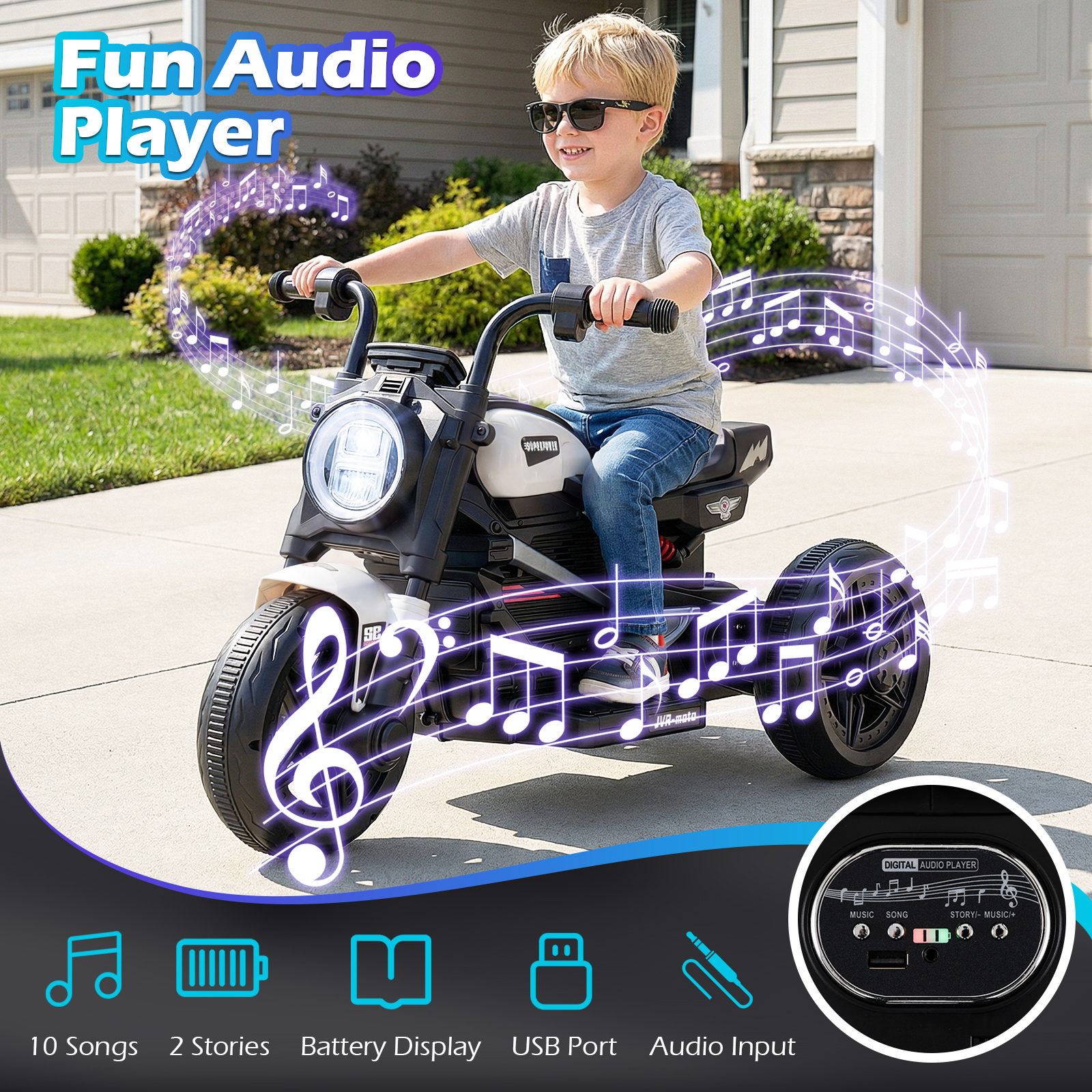 Gymax 6V Kids Motorcycle w/Song Story LED Headlights Accelerator Pedal&3 Wheels White