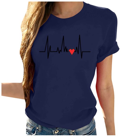 WREESH Women's Heartbeat Graphic T-Shirt Cute Love Heart Print Casual Short Sleeve Crew Neck Top Navy