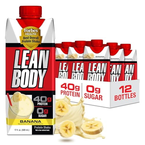 Batido de proteína de plátano listo para beber Lean Body, 40 g de proteína, mezcla de suero, 0 azúcar, sin gluten, 22 vitaminas y minerales, 17 onzas (cartón y tapa reciclables, paquete de 12) LABRADA