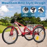 FICISOG Mountain Tricycle for Adults, 3 Wheeled 7-Speed Mountain Tricycle 24 inch 26 inch 27.5 inch Men's Women's Tricycles Cruiser Bike Featuring Disc Brakes, Cargo Basket