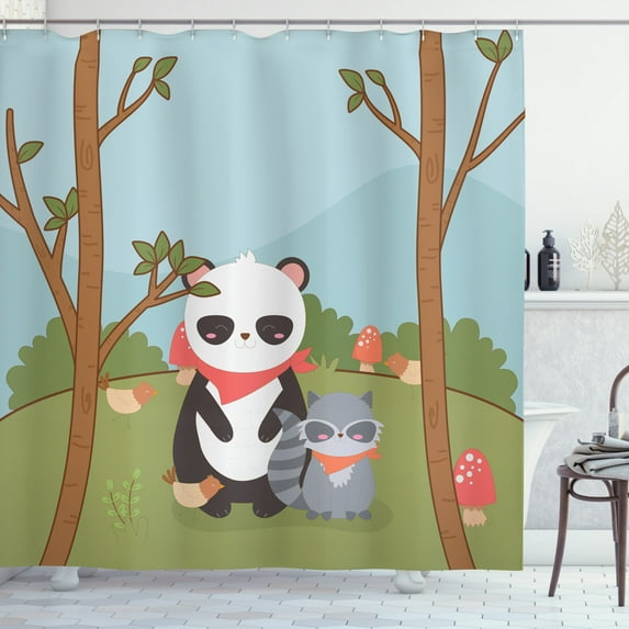 Woodland Shower Curtain, Various Forest Animals Standing in the Woods Wildlife Outdoors, Fabric Bathroom Set with Hooks, 69W X 75L Inches Long, Pale Blue Grey and Multicolor, by Ambesonne