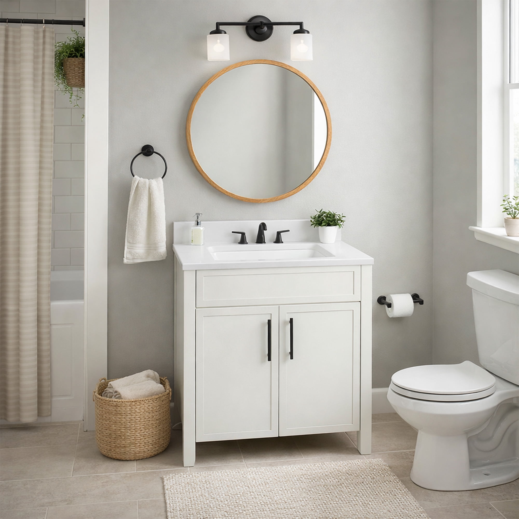 Design House Dawson 25-Inch Bathroom Vanity Combo, Ready to Assemble 2-Door Cabinet with Camilla Cultured Marble Top, Sherwin-Williams® On the Rocks, Matte Black Hardware, 228486-OTR