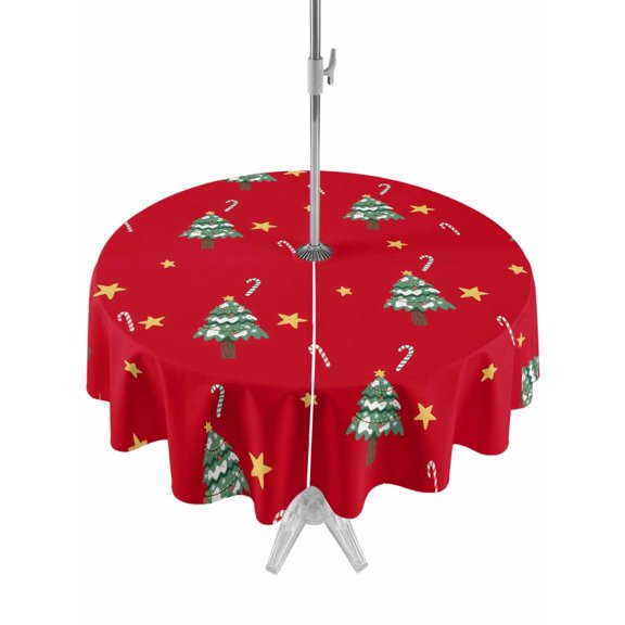 Outdoor Tablecloth with Umbrella Hole and Zipper, Christmas Tree Round Table Cloth 60 Inch Waterproof Tablecloth, Red Xmas Candy Cane Stars Winter Holiday Picnic Table Cover for Patio Camping