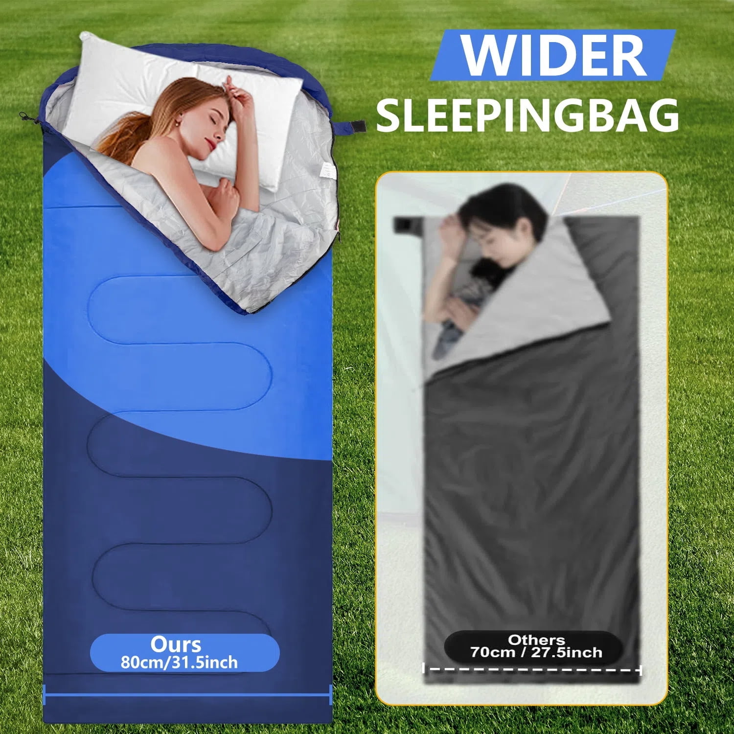 Teblint Camping Sleeping Bag for Adults Kids, Cold Weather Warm Sleeping Bag with Compression Bag for 3 Seasons, Compact Camping Essentials Gear Accessories Hiking Sleep Must Haves-Blue