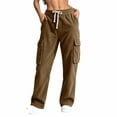 thumbnail image 2 of Women's Corduroy Cargo Straight Leg Pants, Breathable Lightweight Elastic Drawstring Waist Full Length Casual Trousers with Pockets for Office Work Home Casual | TruBelle,Khaki S, 2 of 6