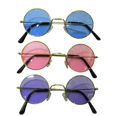 Small Retro Lennon Inspired Style Colored Purple Pink Blue Lens Round Metal Sunglasses 3 Piece Set