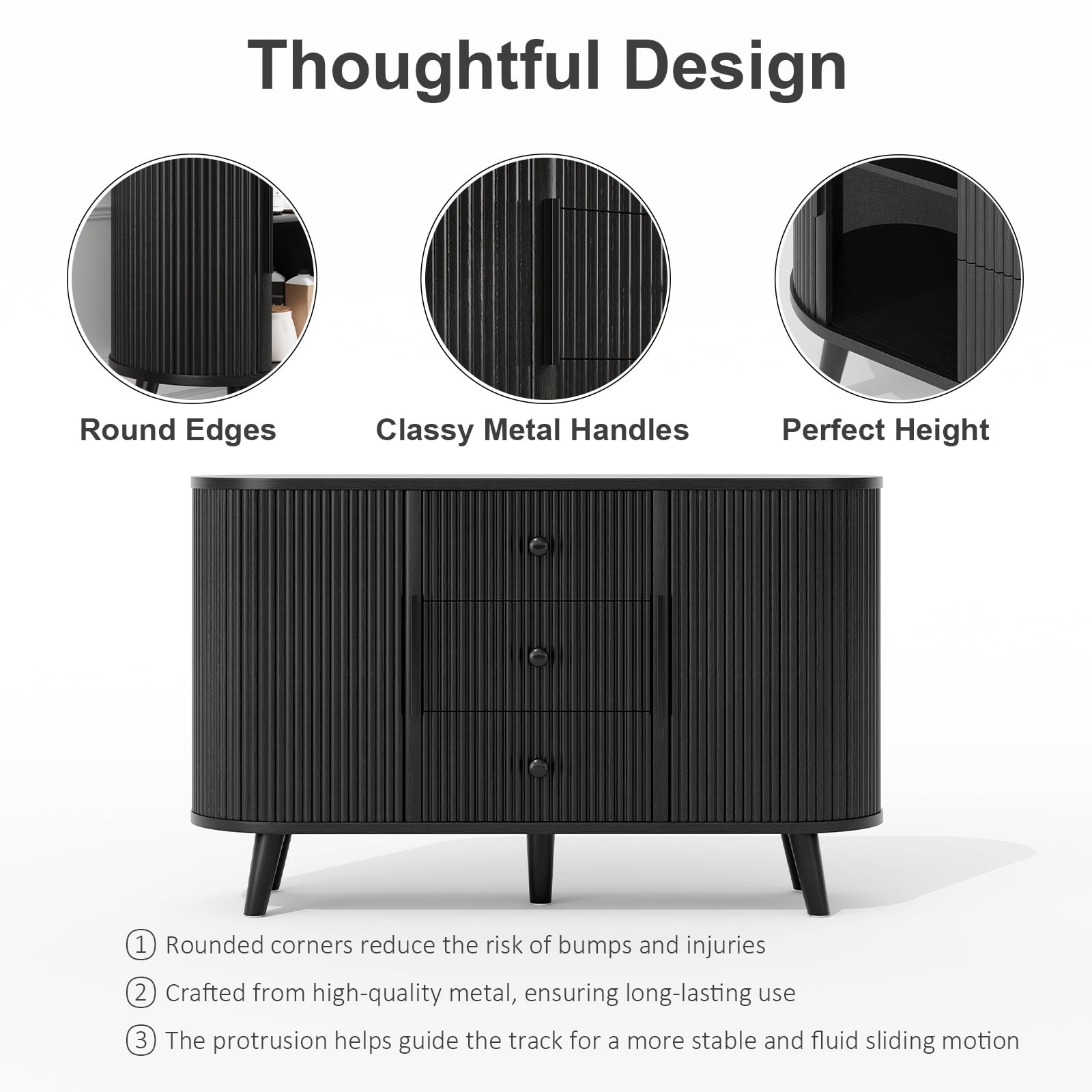 Hommoo Sideboard Buffet Cabinet with 2 Sliding Tambour Doors and 3 Drawers, Credenza Storage Cabinet with Adjustable Shelves for Living Room, Black