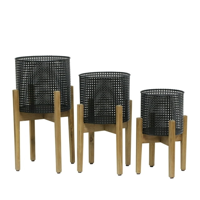 S/3 METAL MESH PLANTER ON STAND 8/9/11", BLACK