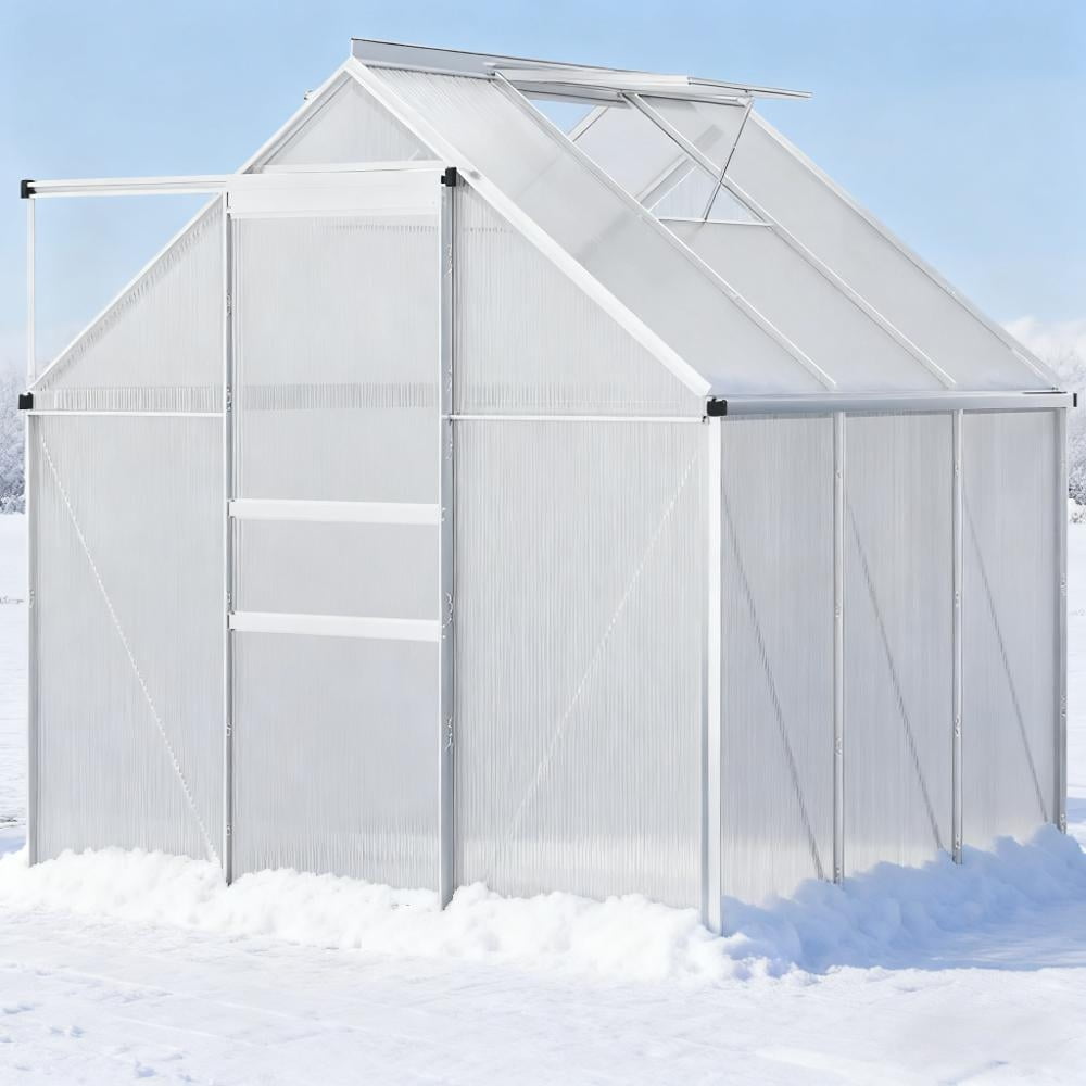 6x6 FT Greenhouse, Easy Assembly Polycarbonate Greenhouses with Adjustable Roof Vent, Large Aluminum Walk-in Greenhouse with Sliding Door, Silver
