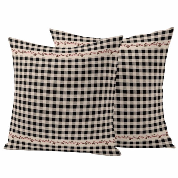 Country Star Plaid Outdoor Waterproof Pillow Covers, Black Retro American Farm Barn Berry Decorative Square Throw Pillowcase Sofa Cushion Sham for Patio/Couch/Chair, 24"x24" 2 Pack