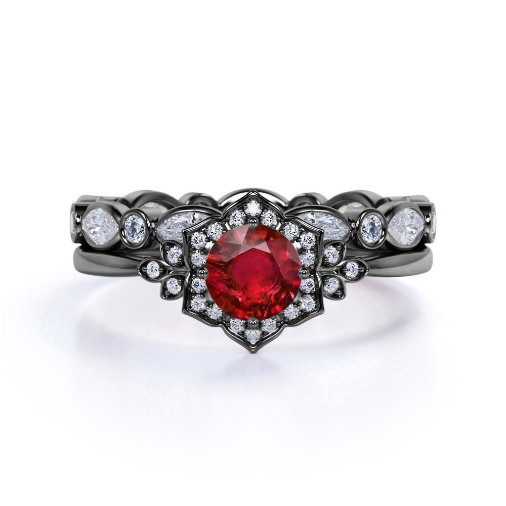 Sterling Silver Classic Round Cut Ruby Floral Engagement Wedding Halloween Ring  For Her