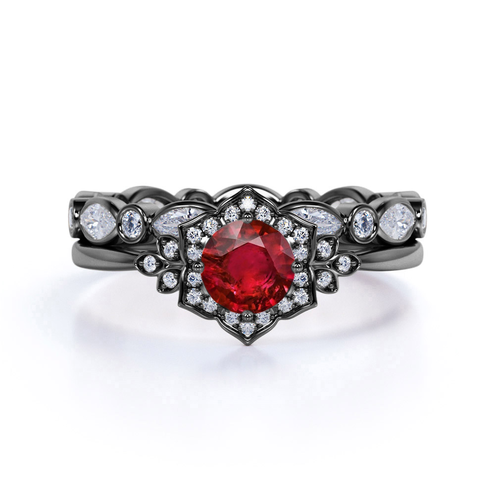 Sterling Silver Classic Round Cut Ruby Floral Engagement Wedding Halloween Ring For Her