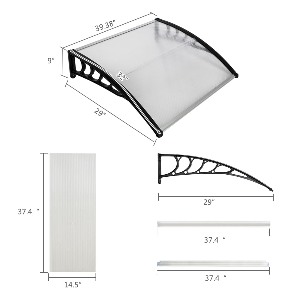 Window Awning Door Canopy, 30" x 40" Window Awning Overhead Door Modern Polycarbonate Cover Outdoor Front Door Patio Canopy UV Rain Snow Sunlight Protection Hollow Sheet/Black