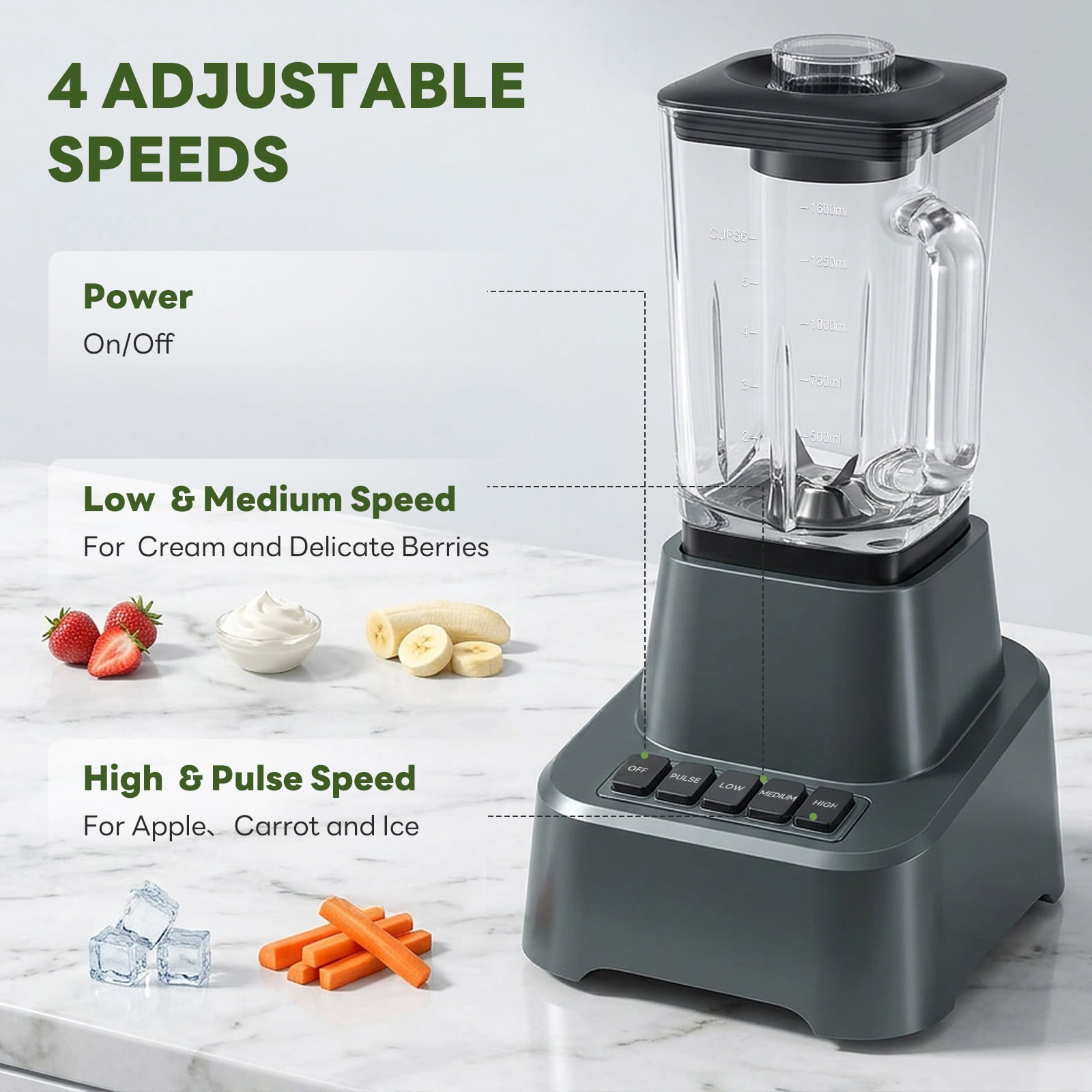 CONCETTA Professional Smoothie & Food Processing Blender, 1100W Motor, 3 Preset Functions for Frozen Drinks, Smoothies & Sauces, Large Pitcher with To-Go Cups，Gray