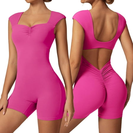 Women s Backless Workout Jumpsuits V Back  Scrunch Yoga Shorts Romper Built-in Bra  Squat-proof  Versatile for Different Occasions