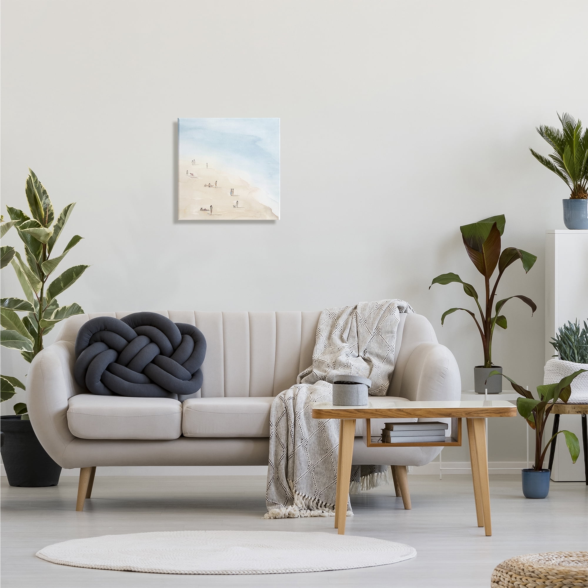 People Lounging at Beach Soft Blue Coastal Landscape Coastal Gallery-Wrapped Canvas Print Wall Art, 17x17
