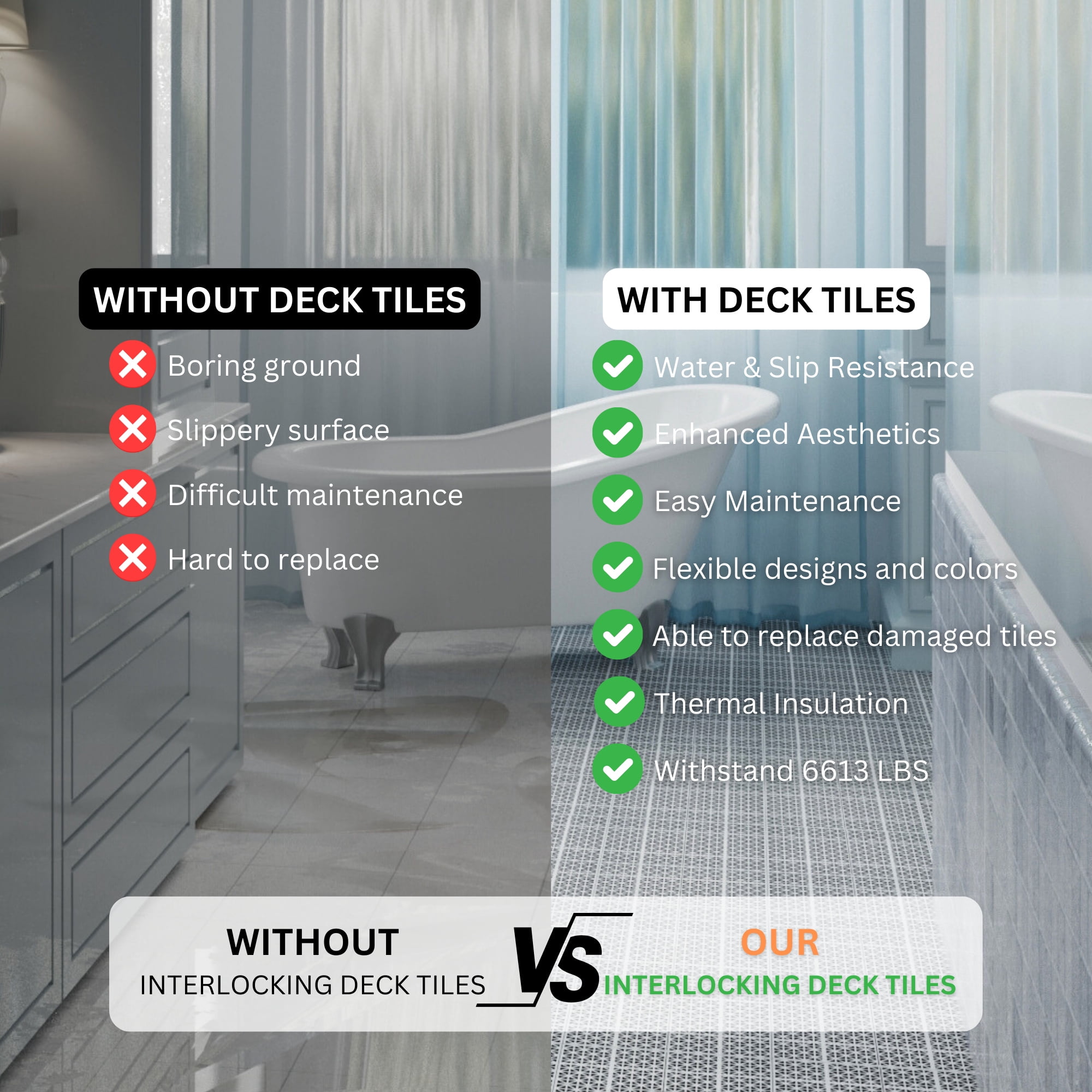 Miniyam 12 PcsInterlocking Deck Tiles, 12*12 inch, Plastic, Weight Capacity Up to 6613 LBS, Light Gray