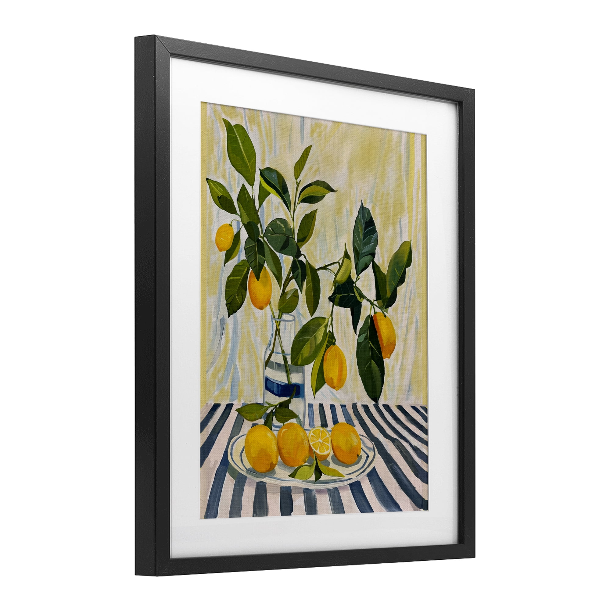 Stupell Industries Lemons on Striped Tablecloth Black Framed Print Under Glass, design by Yen