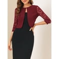 thumbnail image 5 of INSPIRE CHIC Valentine's Day Women's Floral Lace Shrug Top 3/4 Sleeve Open Front Work Office Cardigan Formal Bolero M Burgundy, 5 of 7