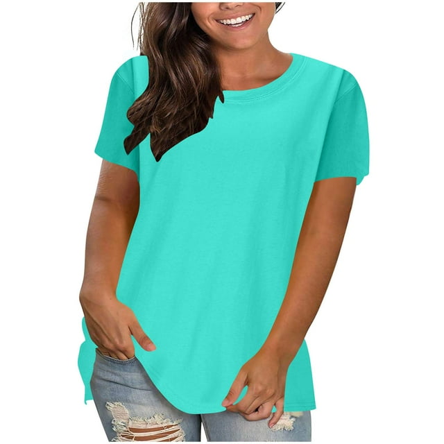 Liquidation de Hauts pour Femmes Grande Taille, Blouse d'Été à Manches Courtes pour Femmes, Nouveau T-shirt Décontracté Ample à Col Rond Uni à Manches Courtes pour Femmes