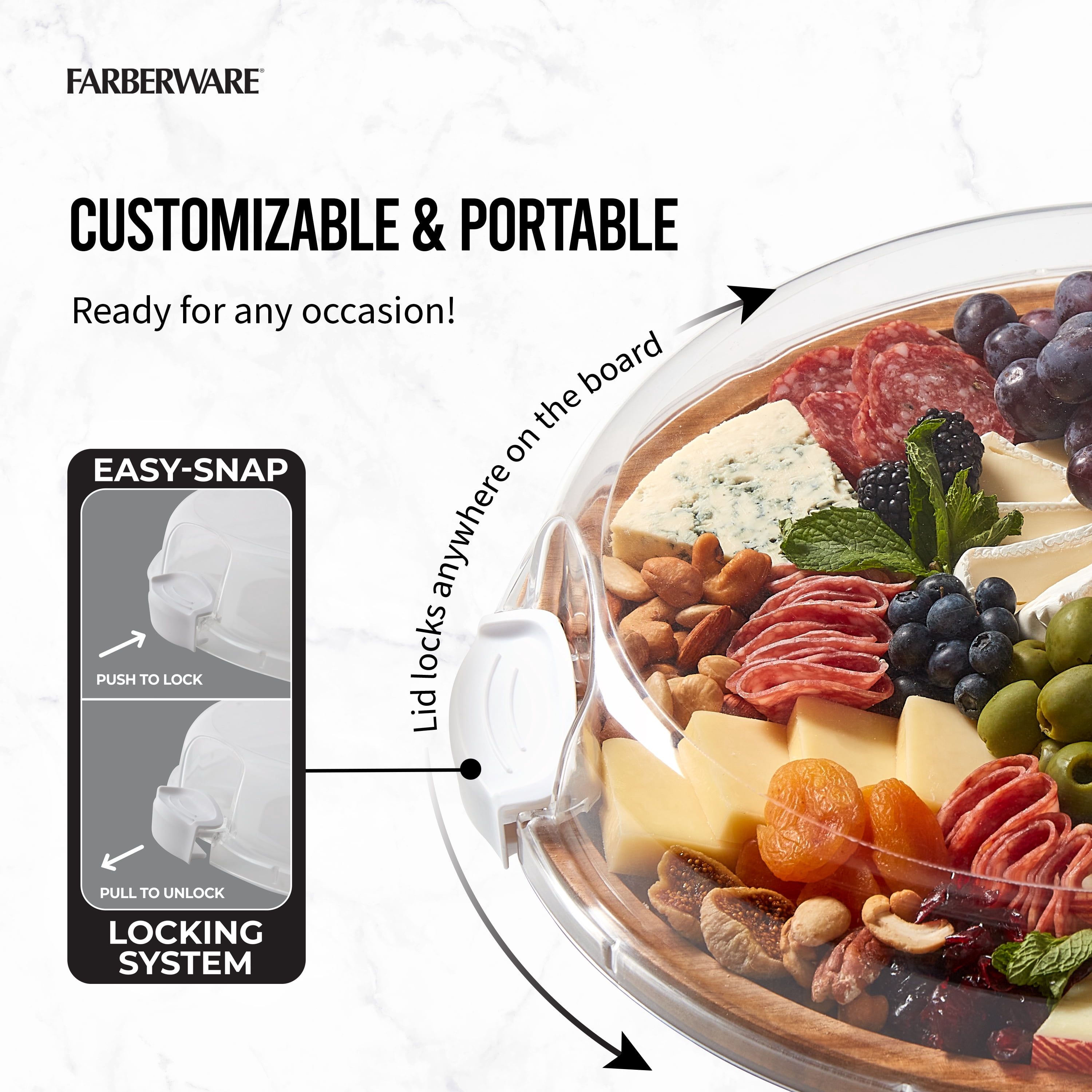 Farberware Build-A-Board 14-Inch Round Acacia Cutting Board with Single Compartment & Locking Lid