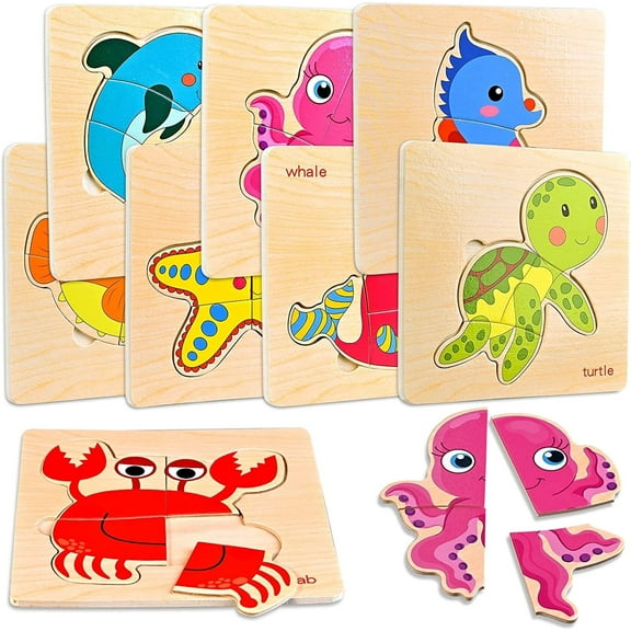 8Pcs Wooden Puzzles for Toddlers 3, Sea Animal Puzzle for Kids, Montessori Toys for 3  Years Girl Boy,