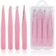 thumbnail image 1 of Juego de pinzas de precisión de color rosa de 4 piezas de acero inoxidable para eliminar cejas, vello facial, pelos encarnados, astillas y puntos negros, 1 of 7