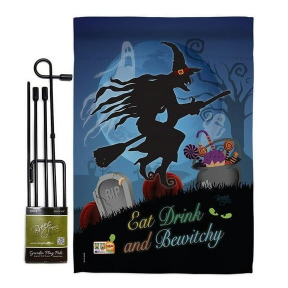 Breeze Decor BD-HO-GS-112005-IP-BO-D-US15-BD 13 x 18.5 in. Bewitchy Fall Halloween Vertical Double Sided Mini Garden Flag Set with Banner Pole