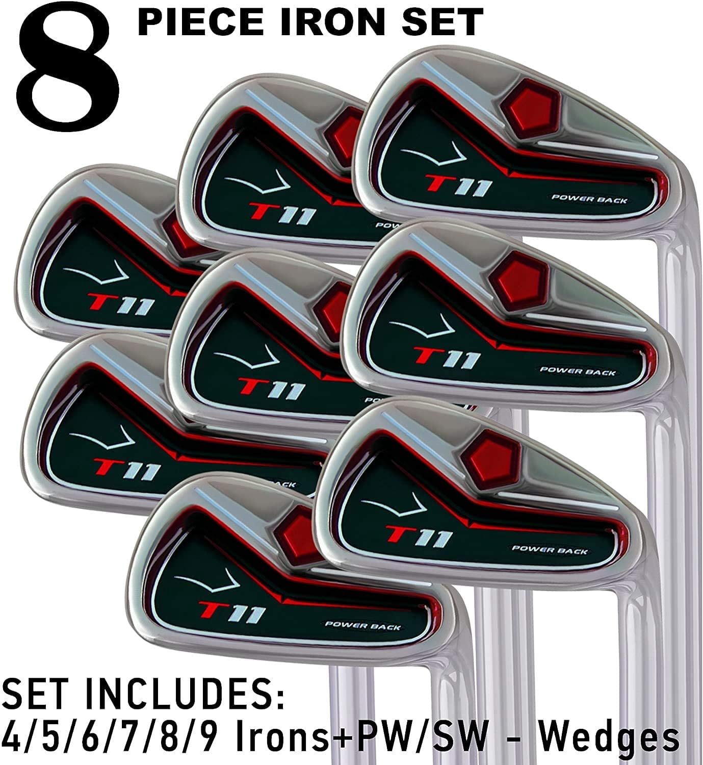 T11 Power Back XL Big & Tall (+2" Over Men's Standard Length) Iron Set 4-SW Golf Clubs Right Handed Stiff Flex Steel Shafts with Jumbo Black Pro Velvet Grip