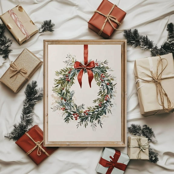 Zuno Vintage Christmas Wreath Print, Minimalist Christmas Printable Wall Art, Christmas Wreath , Holiday Festive Season Wall Art Decor- Wall Art Print, 8x12 UNFRAMED