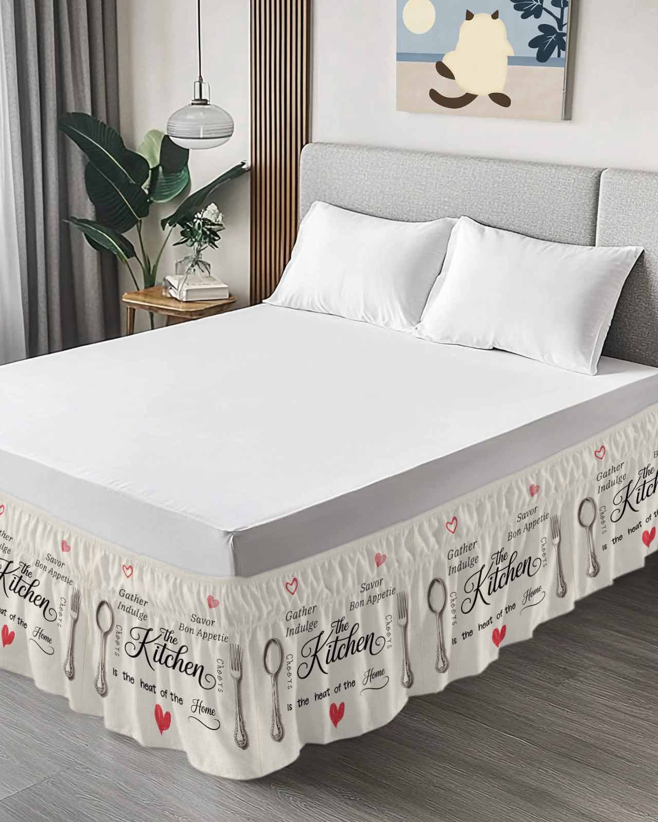Beige Retro Art Wrap Around Bed Skirts for Queen Bed 18" Drop,Bed Skirt with Adjustable Elastic Belt Dust Ruffle Bed Valance for Bedroom Hotel Spoon Fork Vintage Farmhouse Rustic Bed Frame Cover