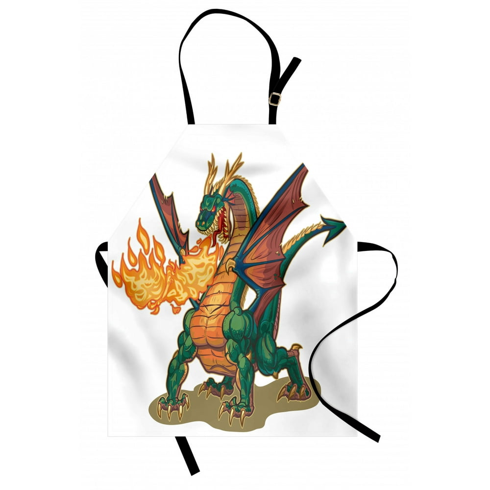 Dragon Apron Mythical Fire Spitting Monster Dreamy Mascot Reptilian Culture Cartoon, Unisex