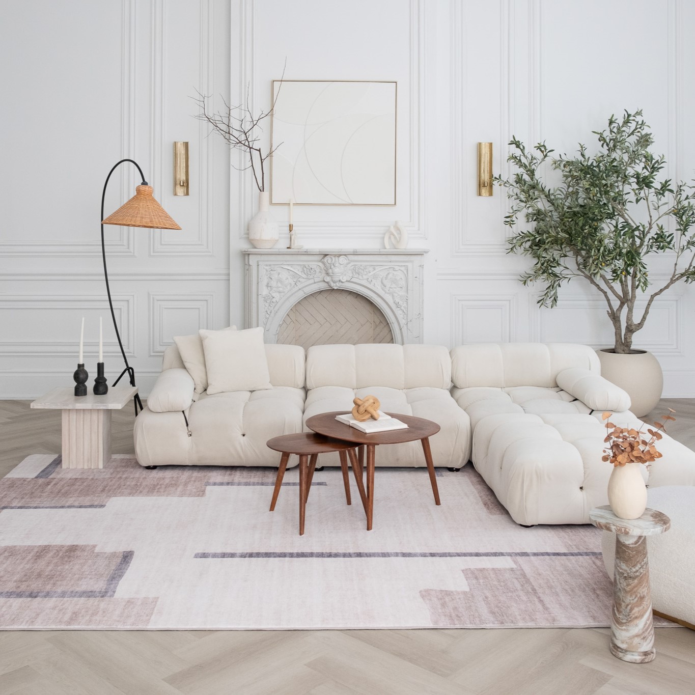 Tapis d'interieur moderne du milieu du siecle Rug Branch Eclipse, beige marron, motif geometrique - Salon, chambre, salle a manger et bureau