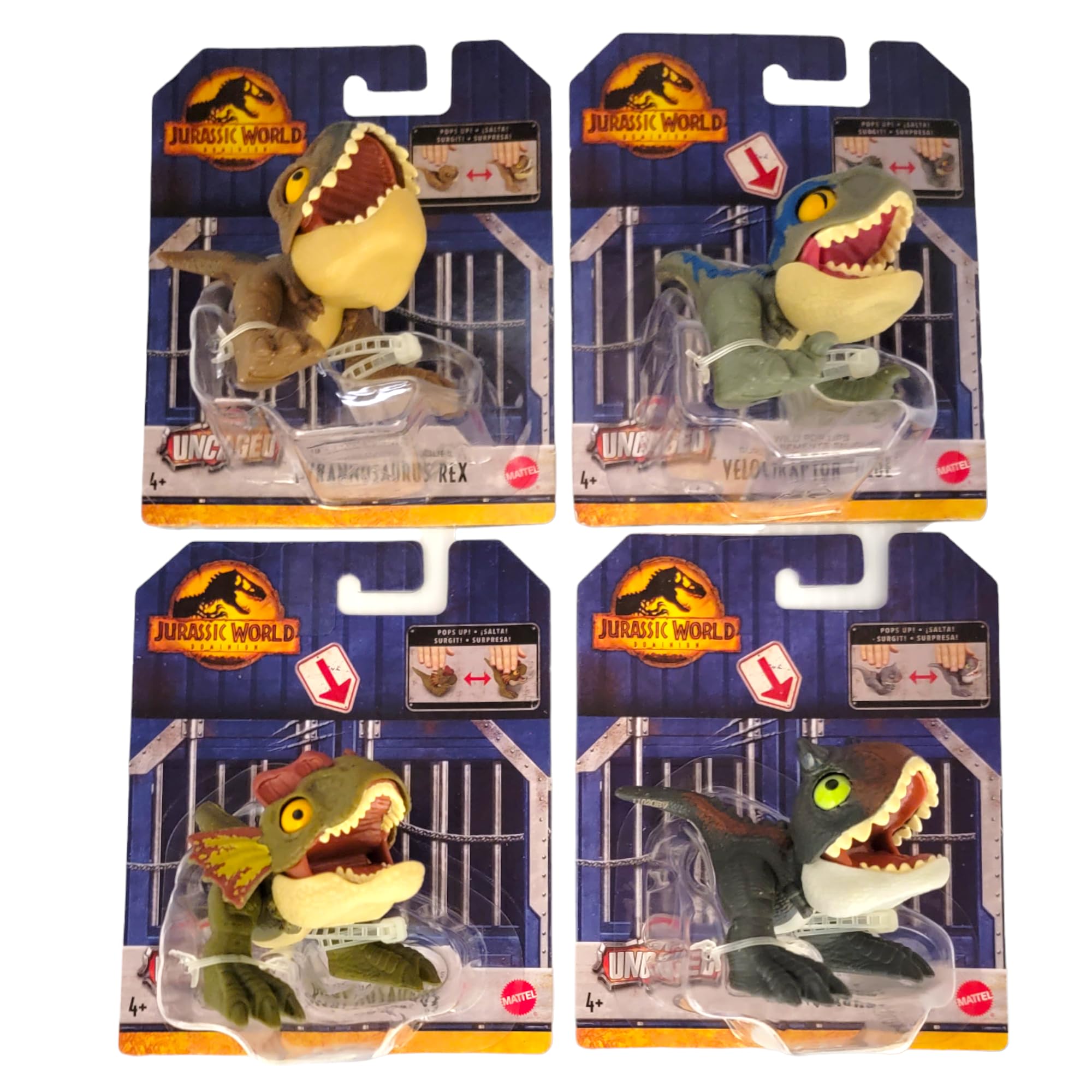 Jurassic World 2023 Wild Pop Ups Uncaged Set of 4 Figures (Tyrannosaurus Rex, Carnotaurus, Dilophosaurus, Velociraptor Blue) from HFR10-956A Release