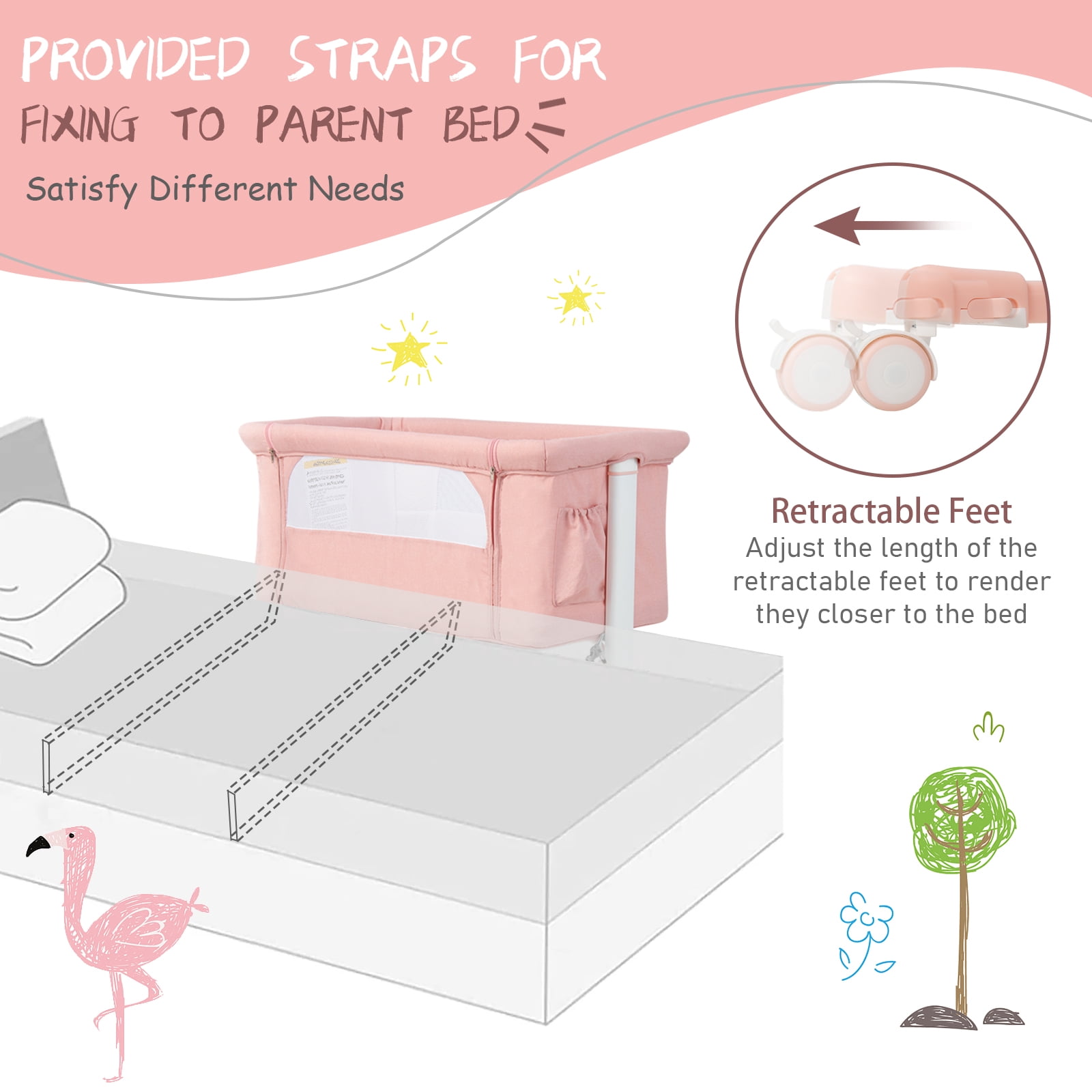 Babyjoy 3-in-1 Baby Bassinet Beside Sleeper Crib with 5-Level Adjustable Heights Pink