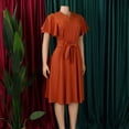 thumbnail image 4 of AURA Womens V Neck A Line Midi Dress Tie Strap Detail Short Sleeve High Waist Elegant Summer Work Dress with Zipper, 4 of 10
