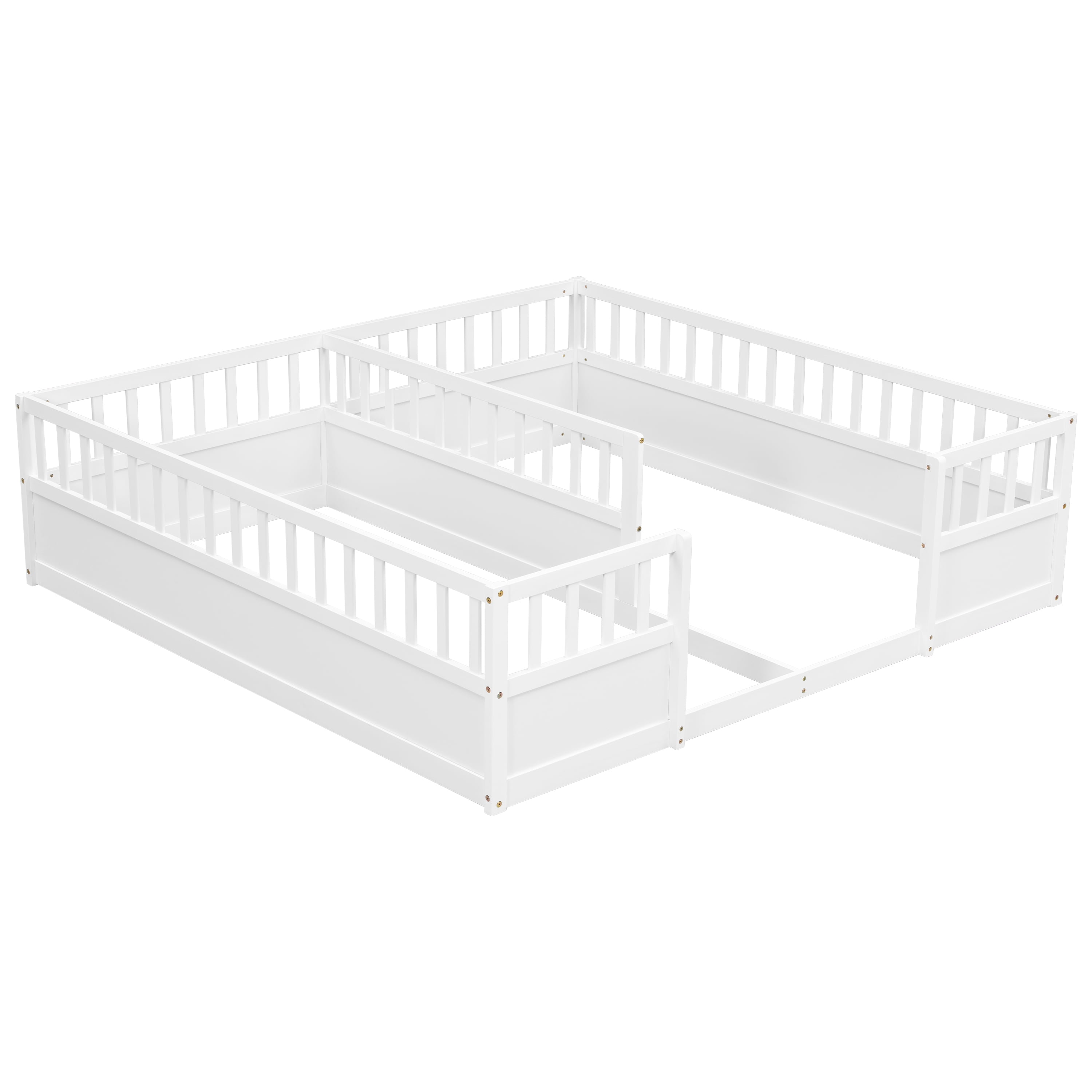 Double Twin Floor Bed 81.2 Inch, Pine Wood Bed Frame with Semi Enclosed Guardrails for Two Kids, White