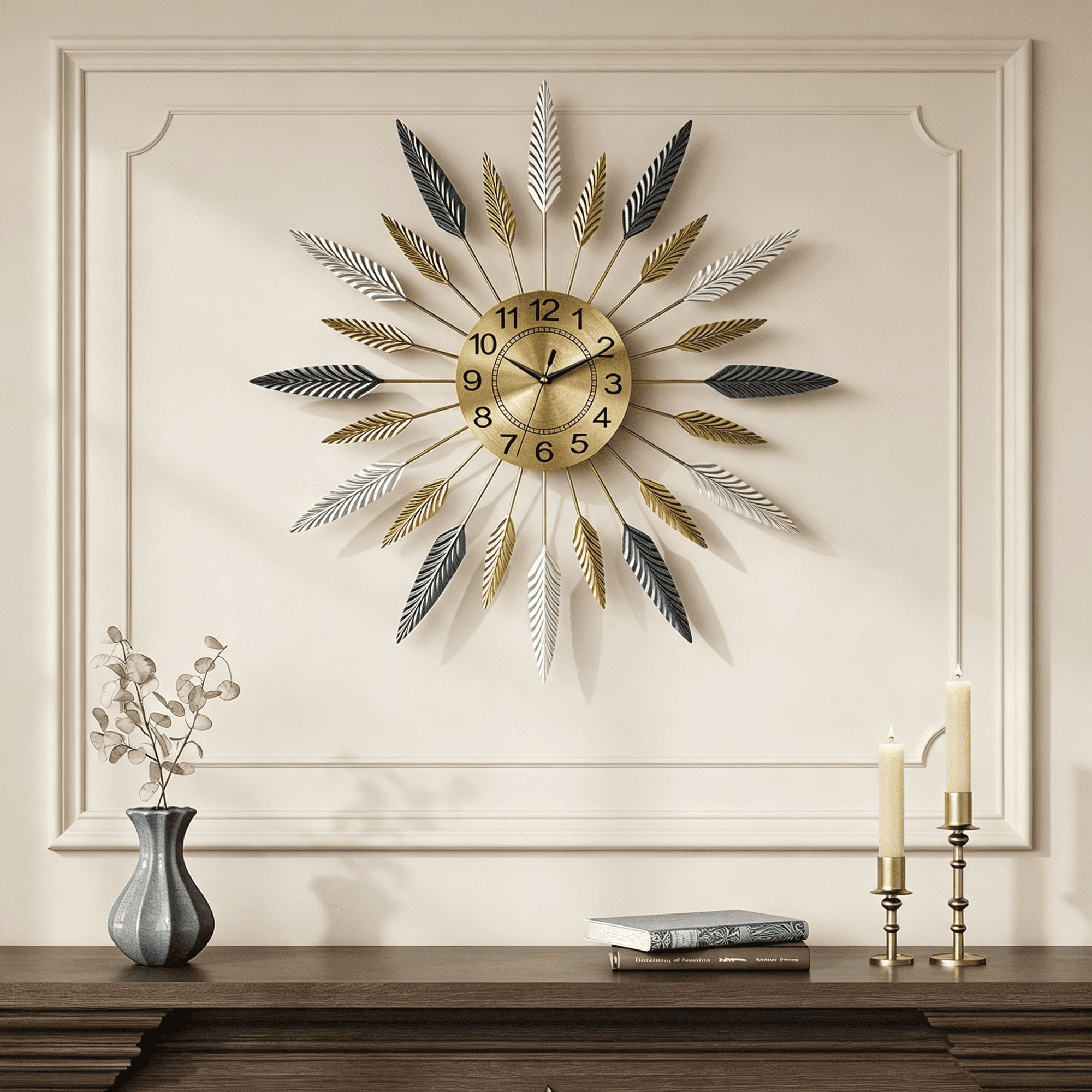 DESIGNICE Large Wall Clock, 24 Inch Mid Century Modern Clock Decorative Golden Feather Sunburst Wall Clock, Silent Non Ticking Battery Operated Wall Clocks for Living Room Decor