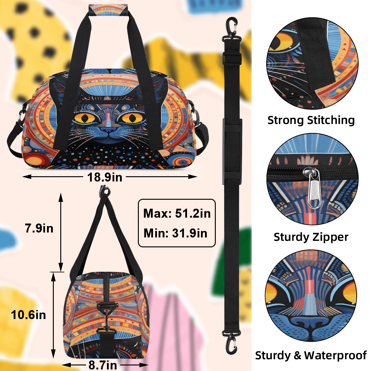 Herdesigns Boho Cat Sports Duffle Bag for Women & Men, Ethnic Cat Gym Bag Dance Bag Overnight Bag Carry On Weekender Travel Bag