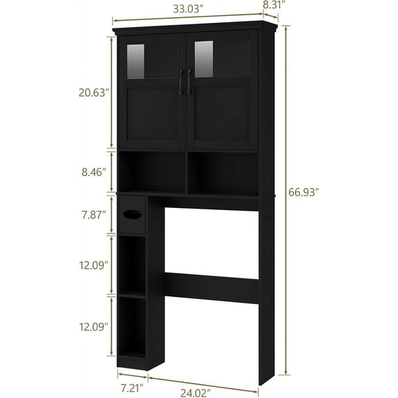 Over The Toilet Storage Cabinet, Storage Cabinet Over Toilet with Double Doors & Toilet Paper Holder Stand, Freestanding Toilet Shelf Space Saver with Anti-Tip Design & Adjustable Shelf, Black