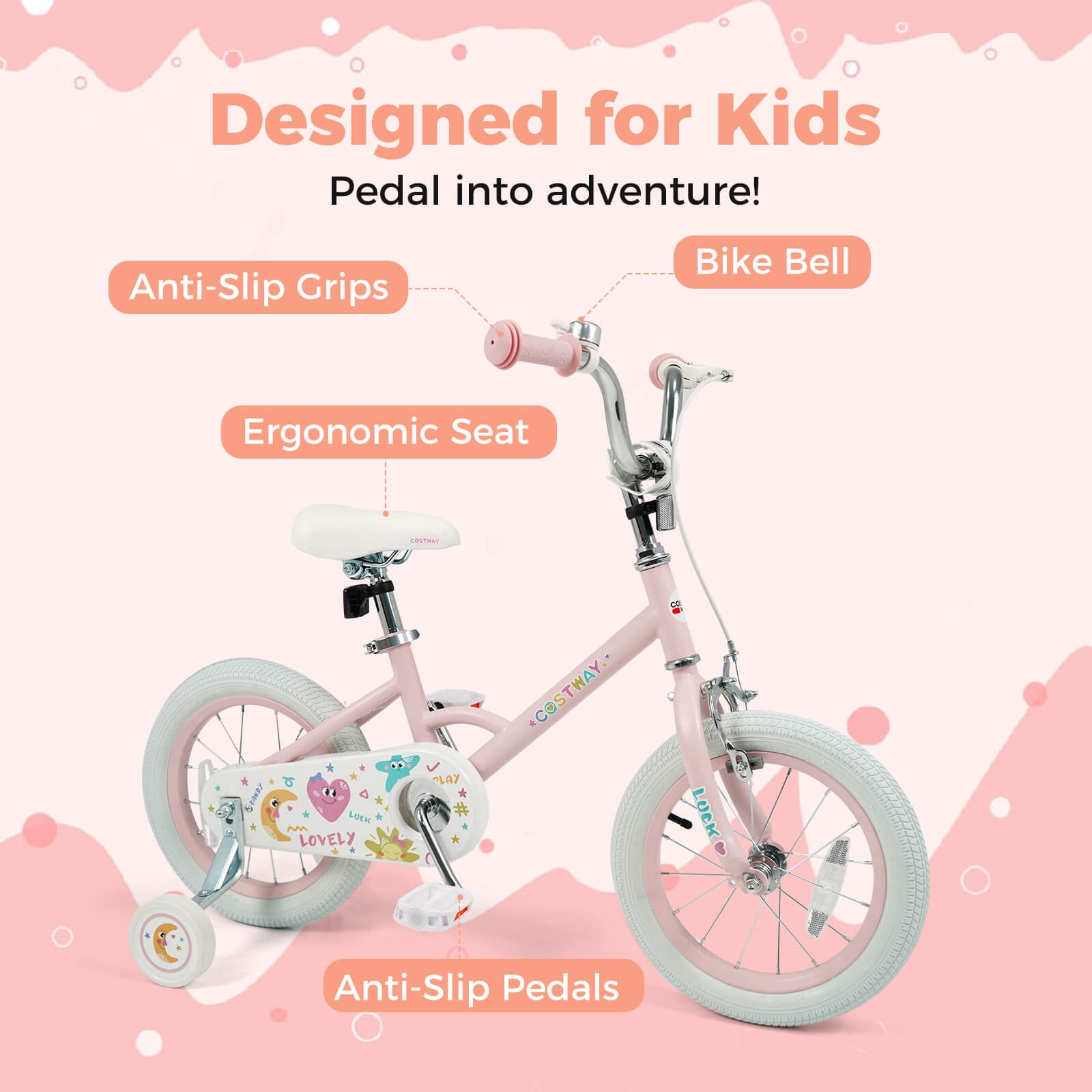 Costway, Kids Bike, 14 Inch, Pink for Ages 3-8 with Training