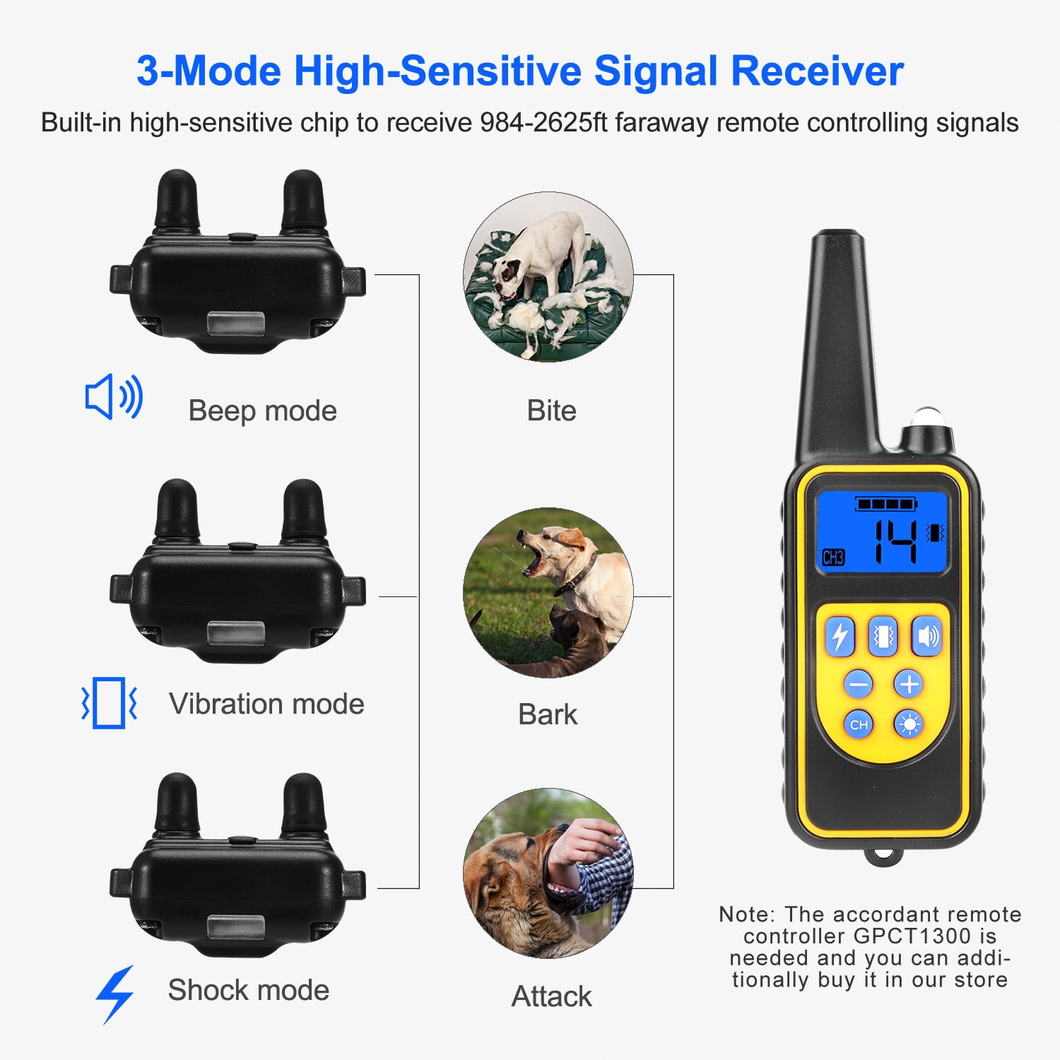Dog Training Collar Receiver, IP67 Waterproof Static Collar with 3 Modes Shock Vibration Beep, 2625FT Remote Range, Rechargeable Adjustable Collar for Small Medium Large Dogs