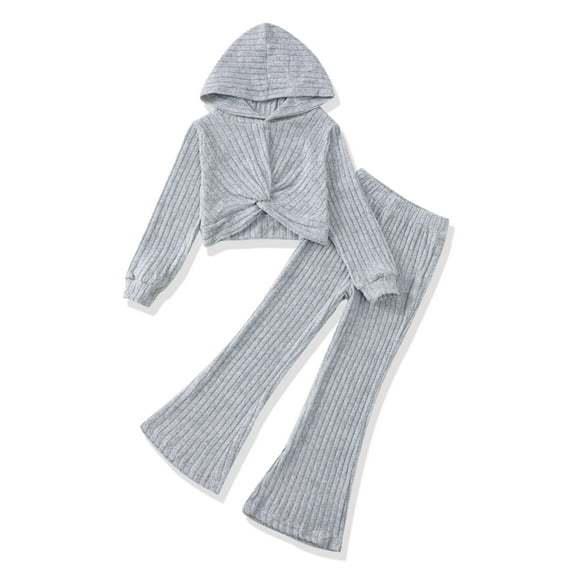 Girls Outfits Size 11-12 Fall Winter Grey Hoodie Tops Long Sleeve and Flare Pants Sets Sweatsuits Girl Clothes 11-12 Year
