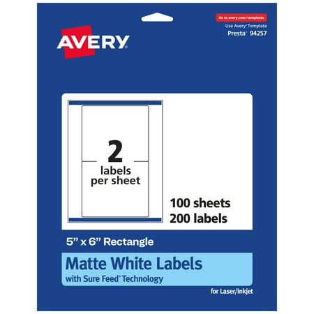 UPC: 0194793025712 | Avery Matte White Rectangle Labels with Sure Feed  5  x 6   200 Matte White Printable Labels