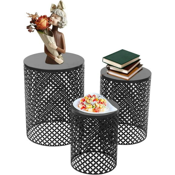 Outdoor Side Table Metal Frame Decorative Table Set of 3 Hollow Out Decorative Garden Stool Patio Table Deck Outdoor Side Table for Garden Balcony Bedroom Round (Black)