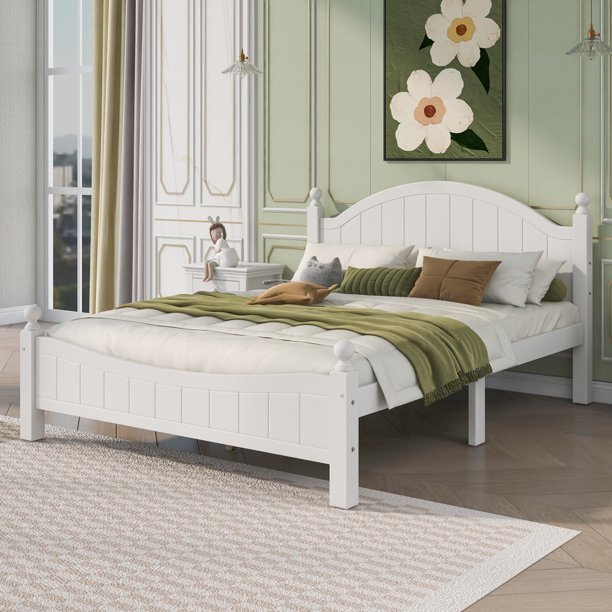 White Bed Frames, Sesslife Wood Queen Platform Bed Frame with Headboard