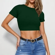 HWRETIE Cropped Ribbed Tank Top with Round Neck - Women Crop Cute Trendy Basic Tight Rounk Neck Crop Blouse Short Sleeve Crop Womens Casual Tops