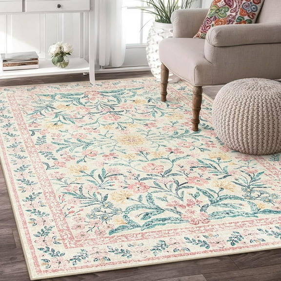 Machine Washable 5x7 Nursery Rug, Pink Rugs for Bedroom Girls, Boho Soft Floral Carpet Non Slip, Indoor Ultra-Thin Floor Carpet for Kid Room Living Room Dorm