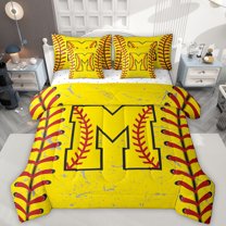 Manfei Baseball Pattern 7pcs Bedding Comforter Set,Ball Sport Lovers Queen Bedding Sets,First Letter M Queen Sheet Sets For Boys Teens,Super Cozy Room Decor Reversible